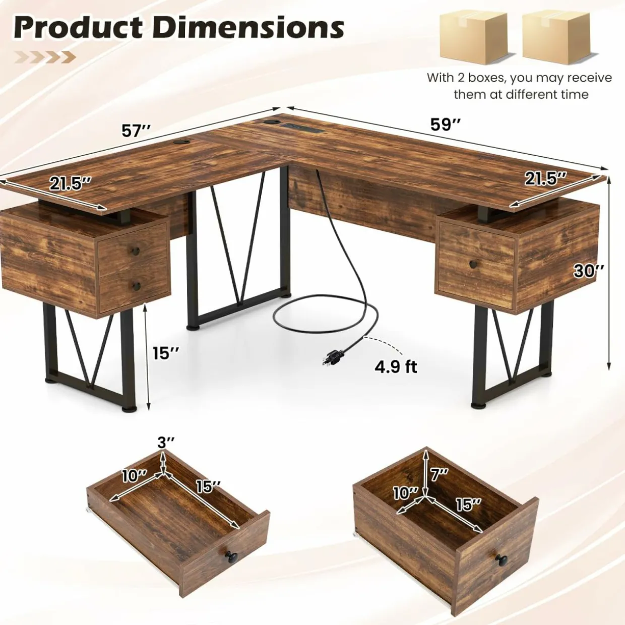 Tangkula 59" L-Shaped Office Desk with 3 Drawers & Charging Station