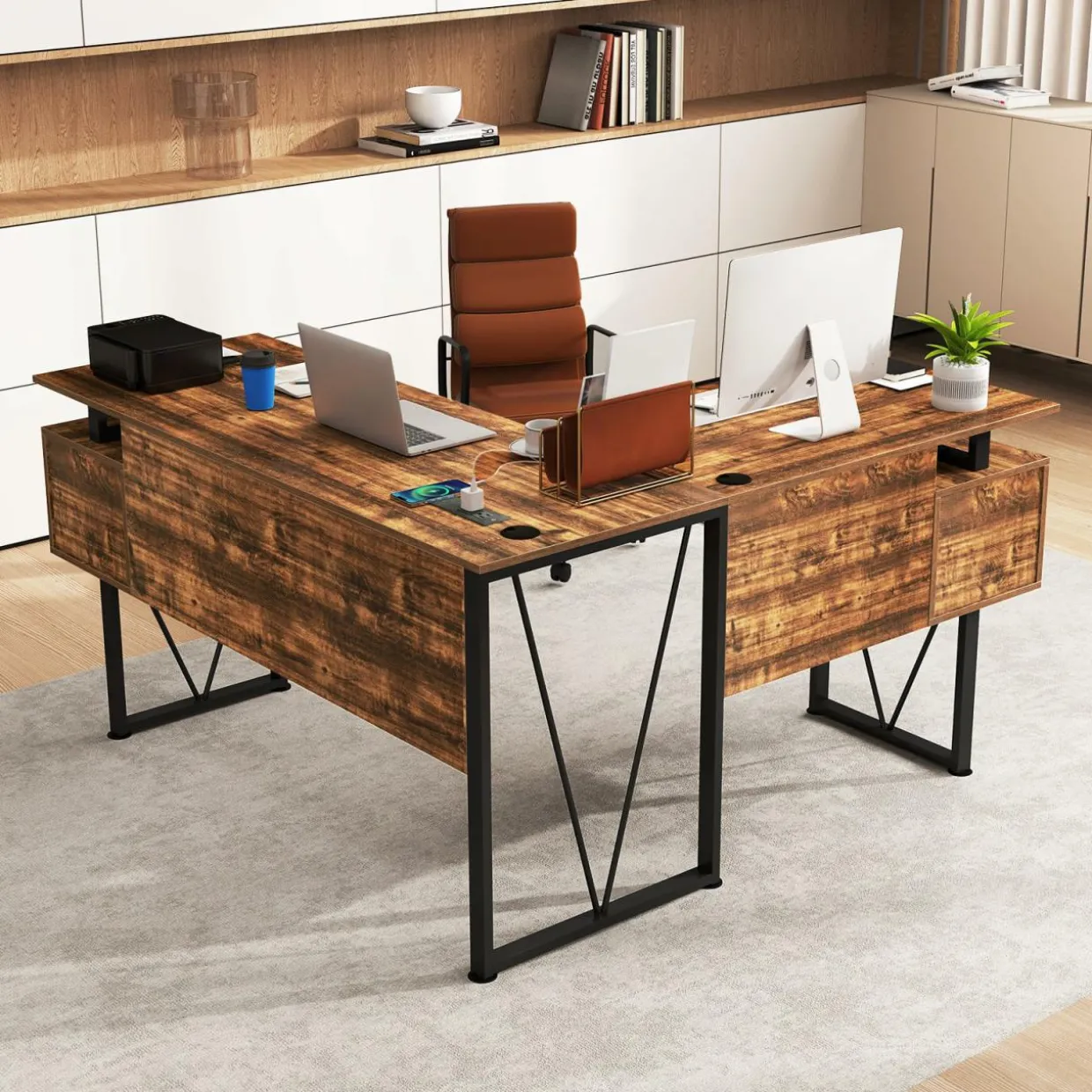 Tangkula 59" L-Shaped Office Desk with 3 Drawers & Charging Station
