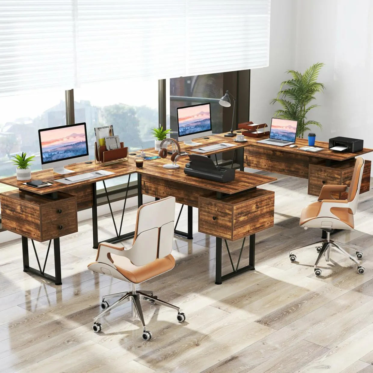 Tangkula 59" L-Shaped Office Desk with 3 Drawers & Charging Station