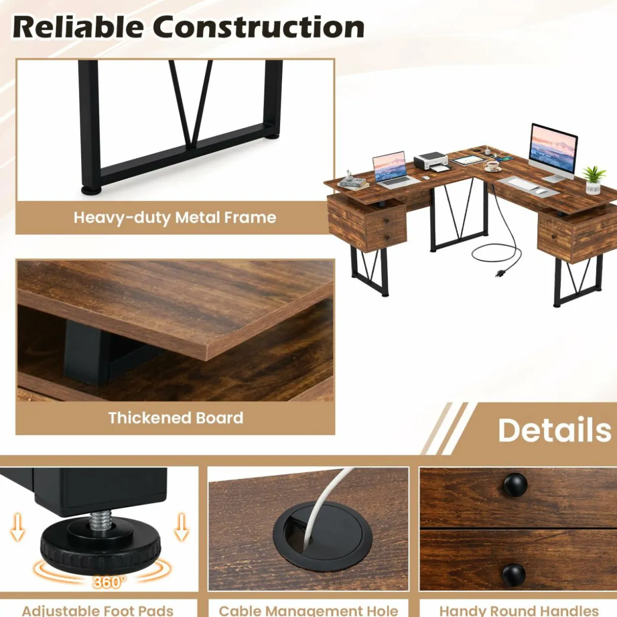 Tangkula 59" L-Shaped Office Desk with 3 Drawers & Charging Station