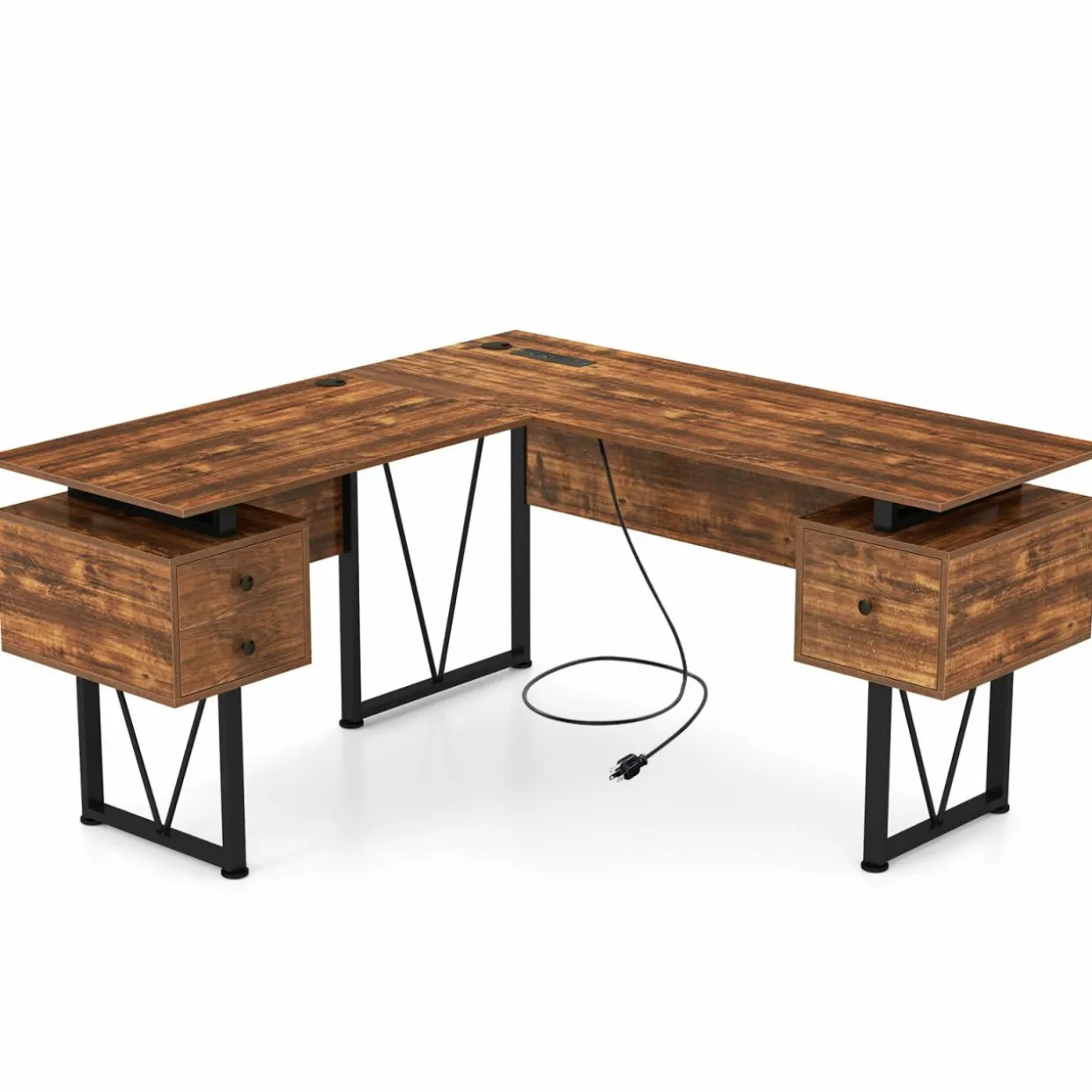 Tangkula 59" L-Shaped Office Desk with 3 Drawers & Charging Station