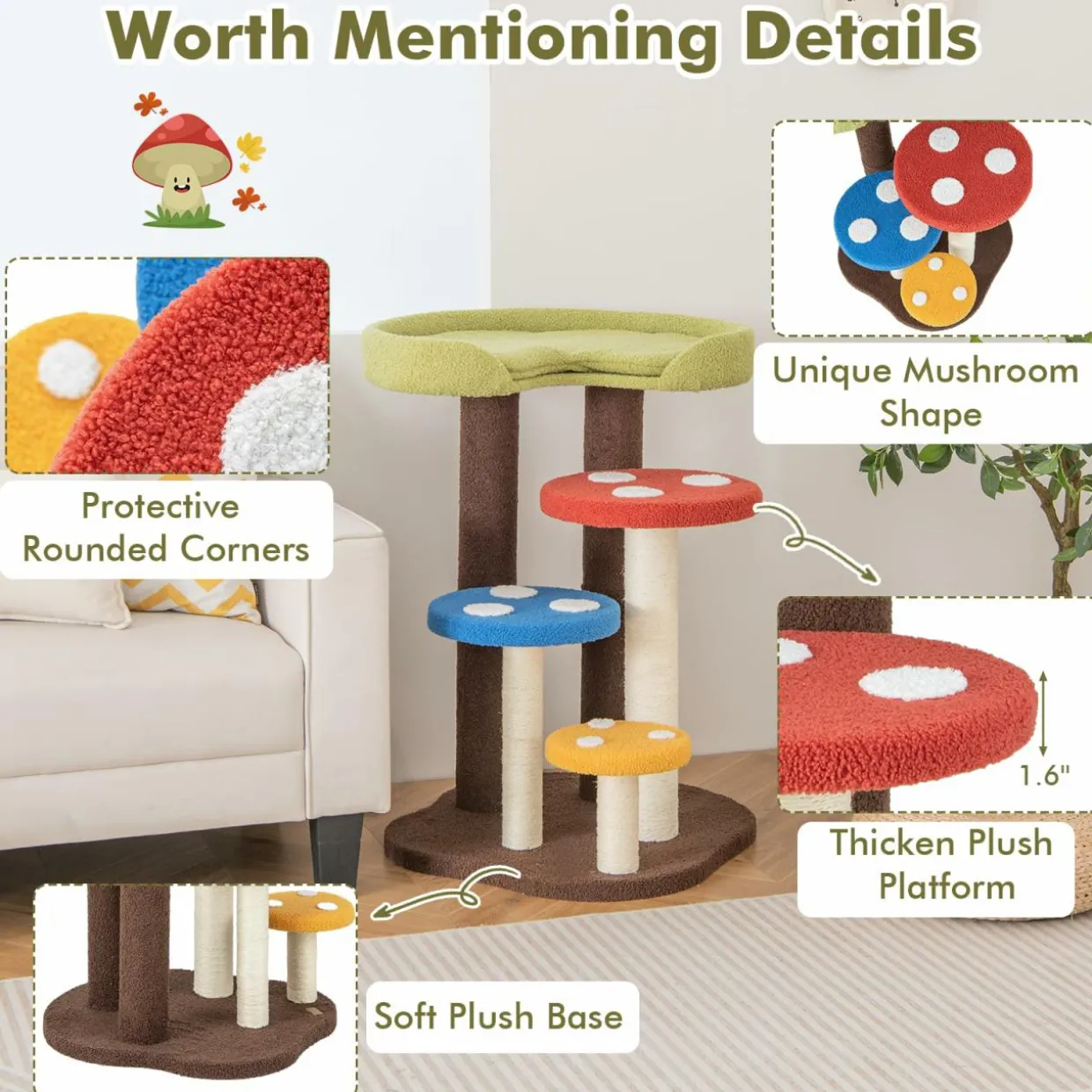 Tangkula 37" Mushroom Cat Tree, Cute Cat Tower with Full-Wrapped Sisal Post