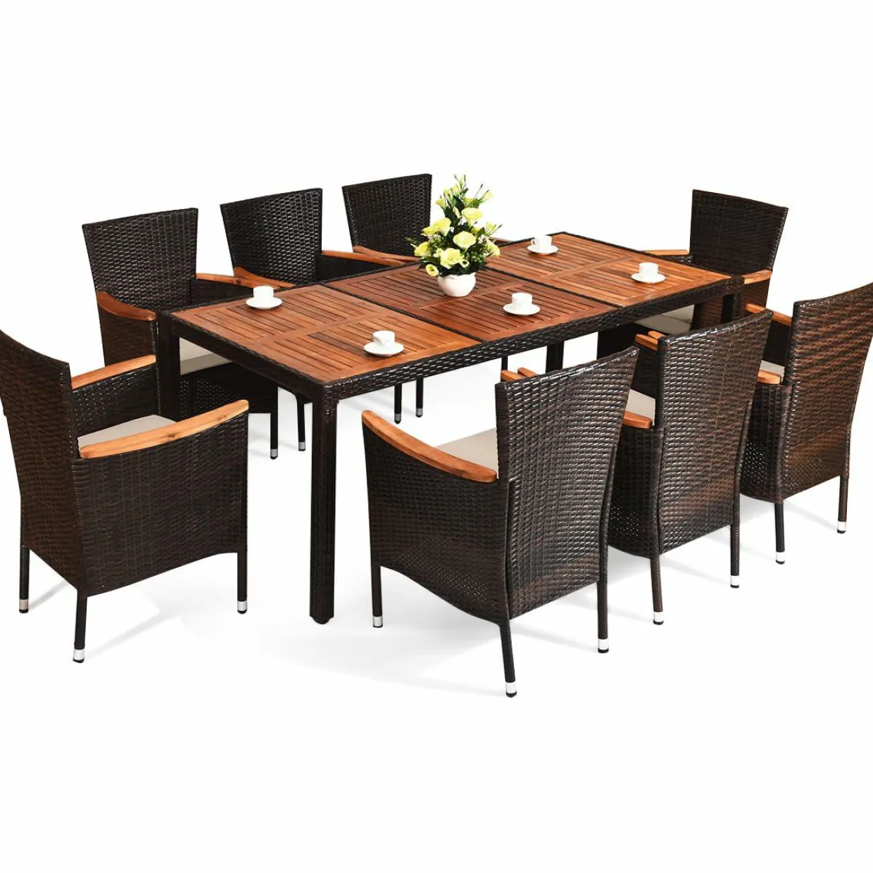Tangkula 7 or 9 Piece Outdoor Dining Set, Patio Wicker Furniture Set with Acacia Wood Table Top w/Umbrella Hole