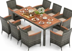 Tangkula 7 or 9 Piece Outdoor Dining Set, Patio Wicker Furniture Set with Acacia Wood Table Top w/Umbrella Hole