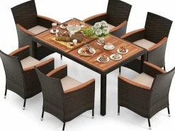 Tangkula 7 or 9 Piece Outdoor Dining Set, Patio Wicker Furniture Set with Acacia Wood Table Top w/Umbrella Hole