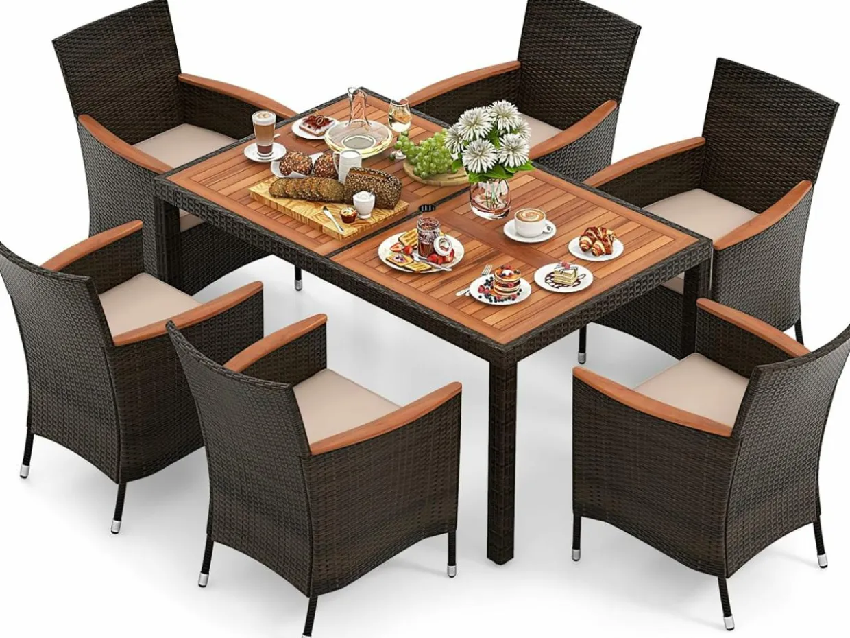 Tangkula 7 or 9 Piece Outdoor Dining Set, Patio Wicker Furniture Set with Acacia Wood Table Top w/Umbrella Hole
