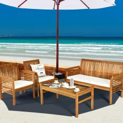 Tangkula 4 or 8 Piece Outdoor Acacia Wood Sofa Set, Padded Patio Conversation Table Chair Set