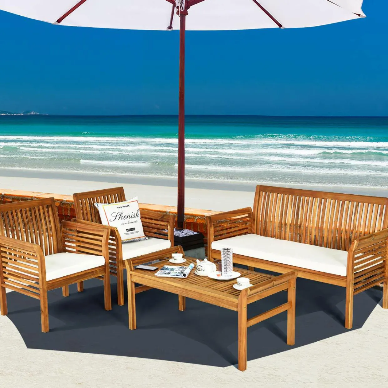 Tangkula 4 or 8 Piece Outdoor Acacia Wood Sofa Set, Padded Patio Conversation Table Chair Set