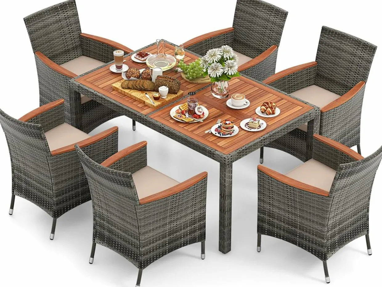 Tangkula 7 or 9 Piece Outdoor Dining Set, Patio Wicker Furniture Set with Acacia Wood Table Top w/Umbrella Hole