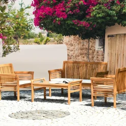Tangkula 4 or 8 Piece Outdoor Acacia Wood Sofa Set, Padded Patio Conversation Table Chair Set