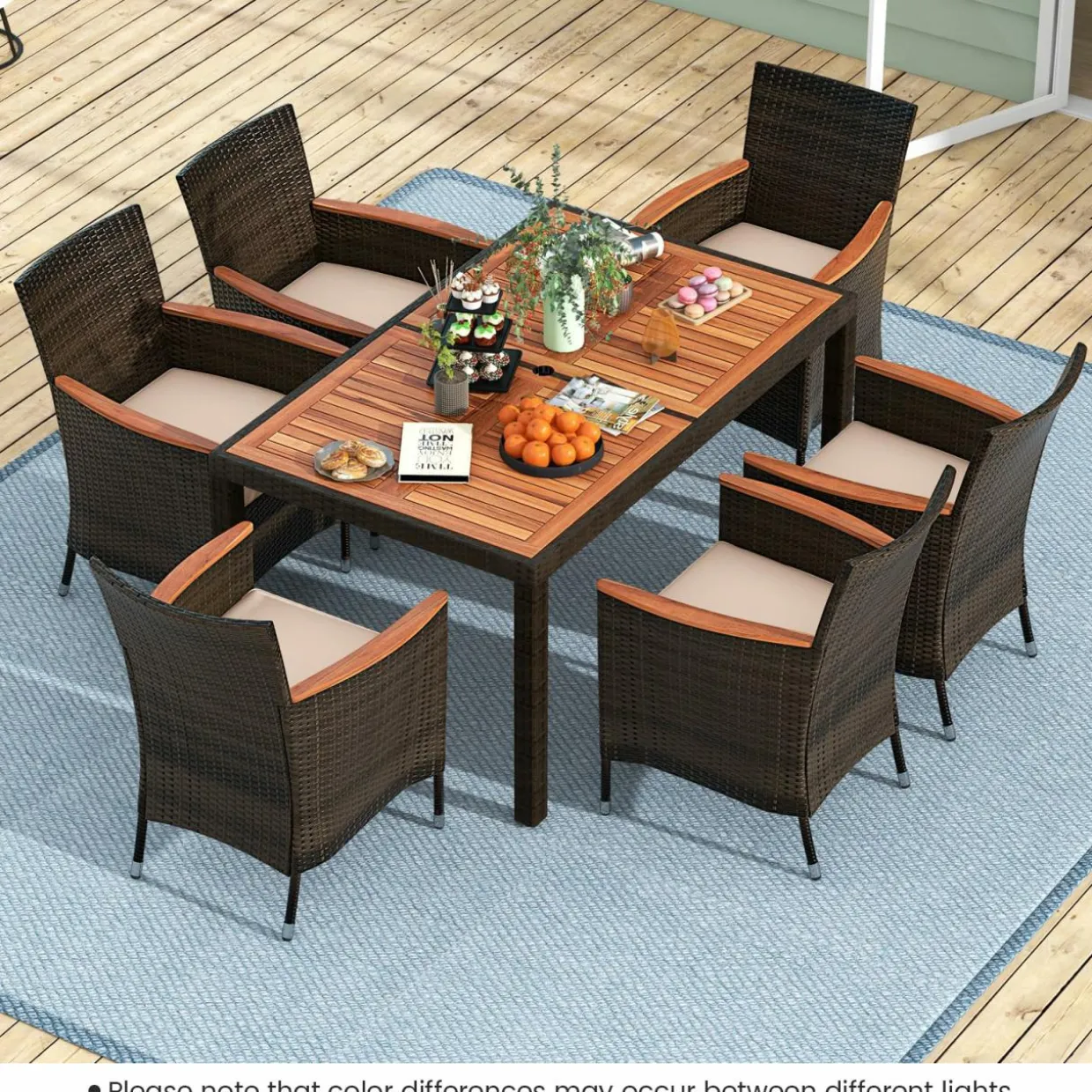 Tangkula 7 or 9 Piece Outdoor Dining Set, Patio Wicker Furniture Set with Acacia Wood Table Top w/Umbrella Hole