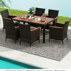 Tangkula 7 or 9 Piece Outdoor Dining Set, Patio Wicker Furniture Set with Acacia Wood Table Top w/Umbrella Hole