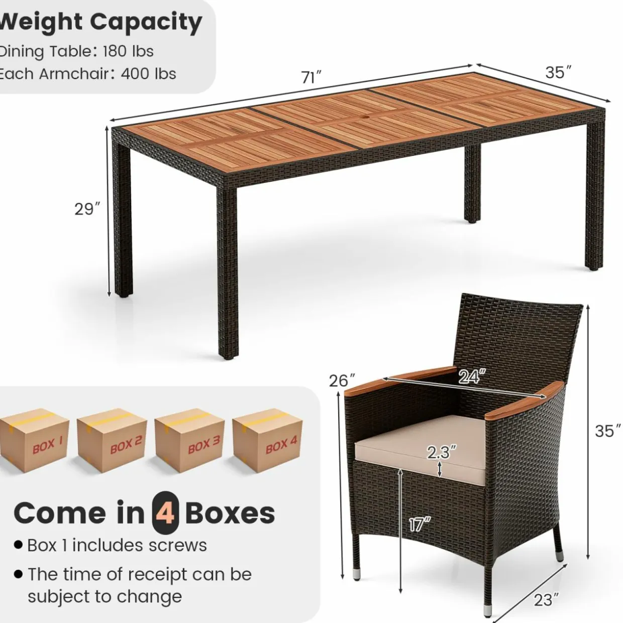 Tangkula 7 or 9 Piece Outdoor Dining Set, Patio Wicker Furniture Set with Acacia Wood Table Top w/Umbrella Hole