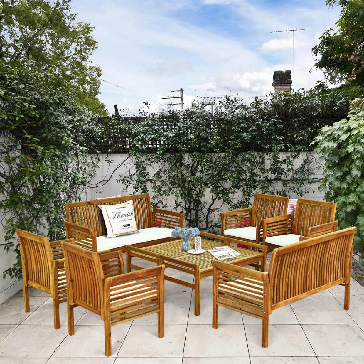 Tangkula 4 or 8 Piece Outdoor Acacia Wood Sofa Set, Padded Patio Conversation Table Chair Set
