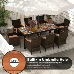 Tangkula 7 or 9 Piece Outdoor Dining Set, Patio Wicker Furniture Set with Acacia Wood Table Top w/Umbrella Hole