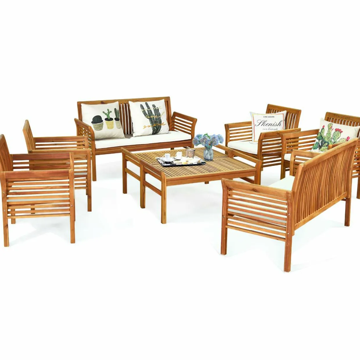 Tangkula 4 or 8 Piece Outdoor Acacia Wood Sofa Set, Padded Patio Conversation Table Chair Set
