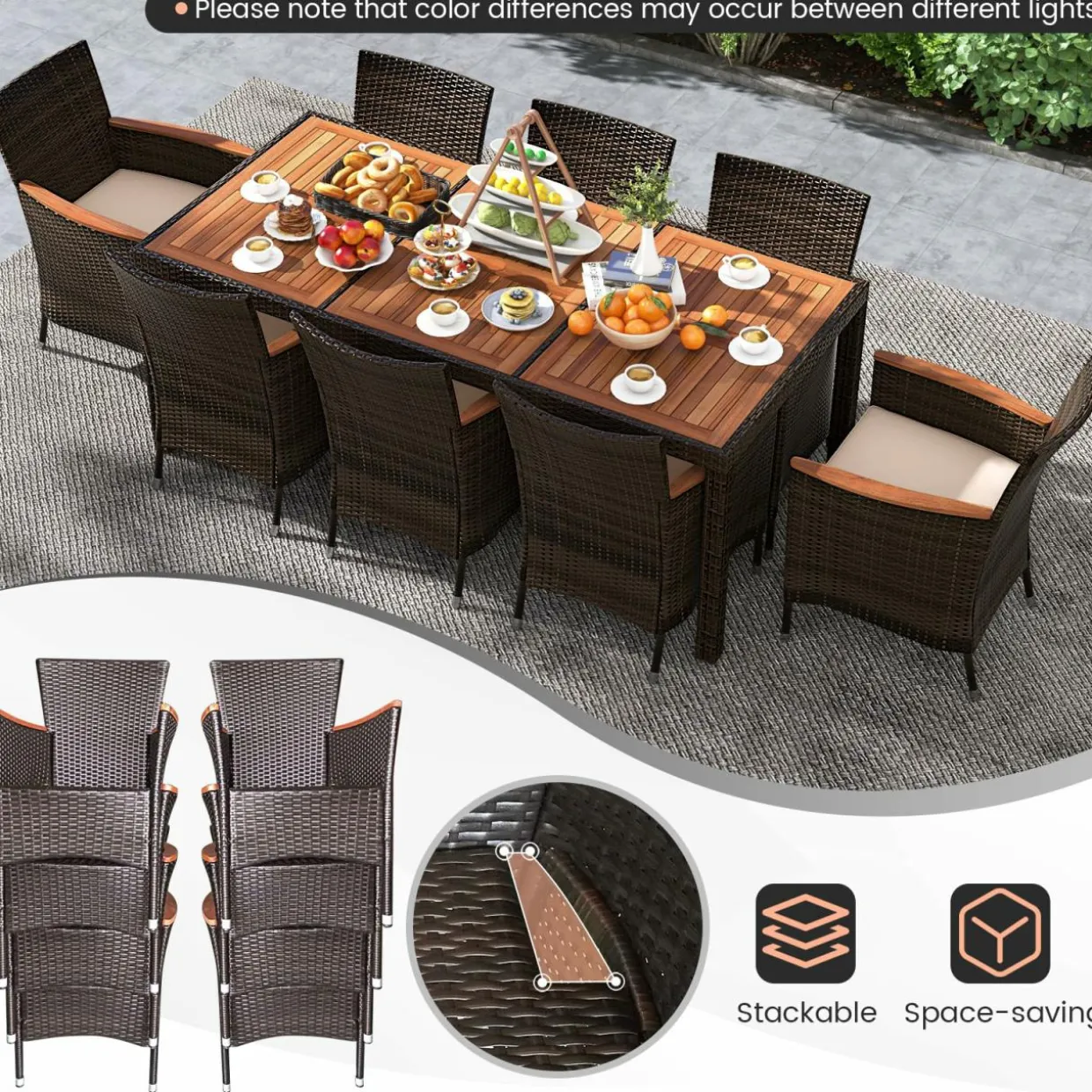 Tangkula 7 or 9 Piece Outdoor Dining Set, Patio Wicker Furniture Set with Acacia Wood Table Top w/Umbrella Hole