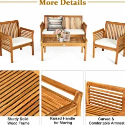 Tangkula 4 or 8 Piece Outdoor Acacia Wood Sofa Set, Padded Patio Conversation Table Chair Set