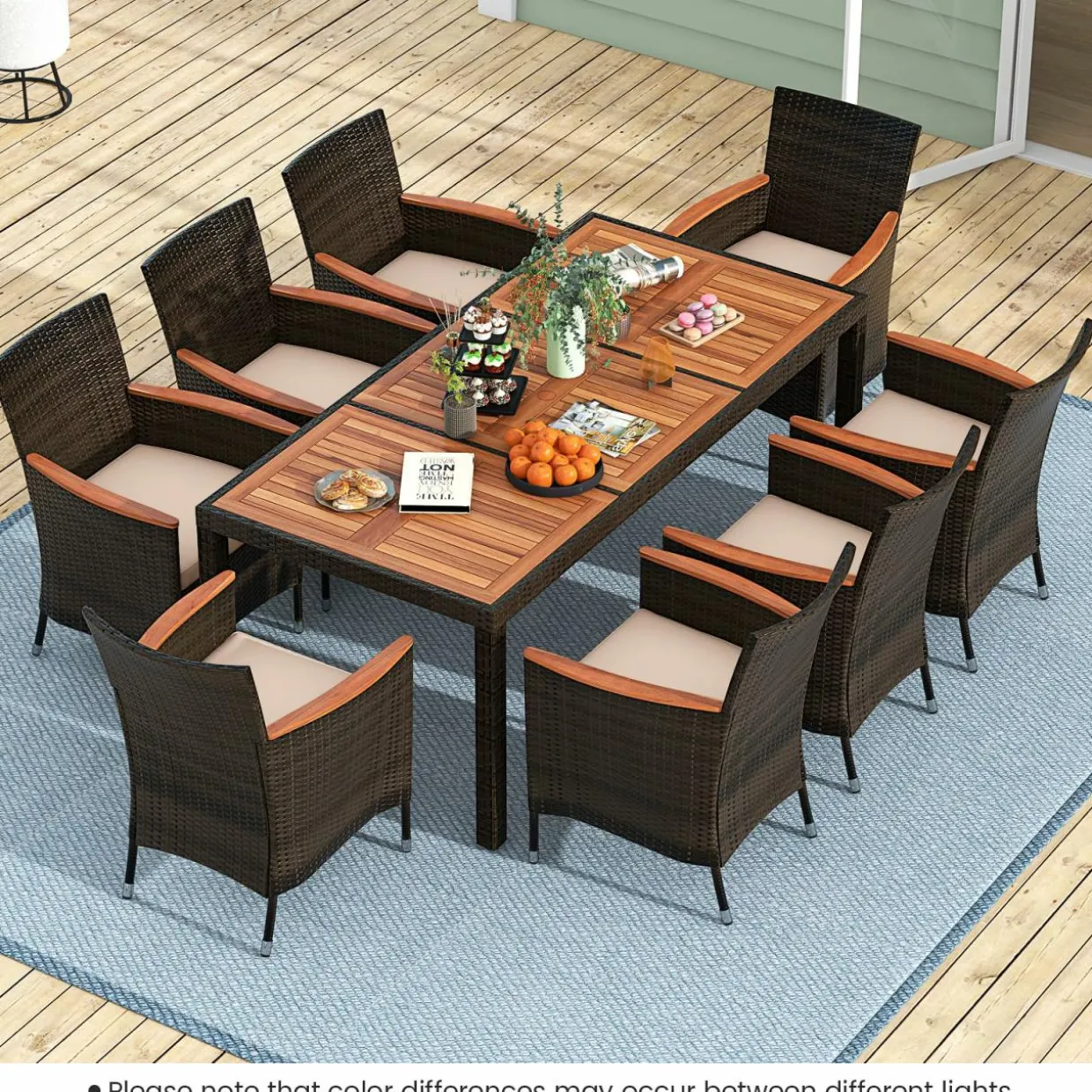 Tangkula 7 or 9 Piece Outdoor Dining Set, Patio Wicker Furniture Set with Acacia Wood Table Top w/Umbrella Hole