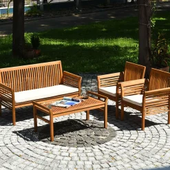 Tangkula 4 or 8 Piece Outdoor Acacia Wood Sofa Set, Padded Patio Conversation Table Chair Set