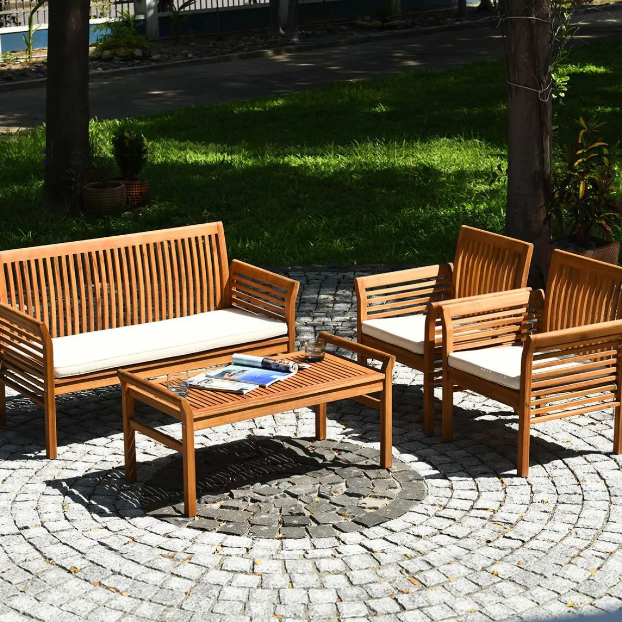 Tangkula 4 or 8 Piece Outdoor Acacia Wood Sofa Set, Padded Patio Conversation Table Chair Set