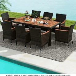 Tangkula 7 or 9 Piece Outdoor Dining Set, Patio Wicker Furniture Set with Acacia Wood Table Top w/Umbrella Hole