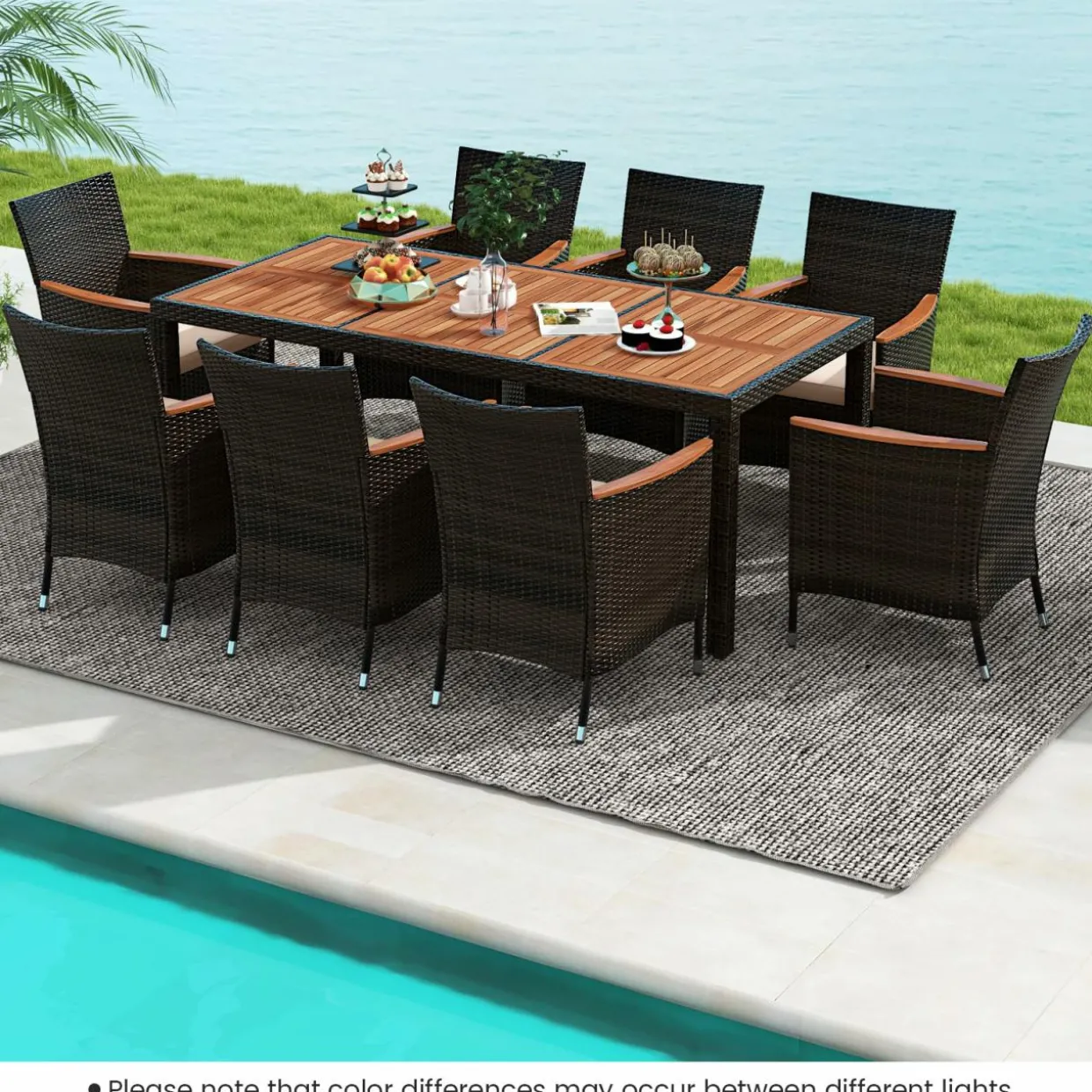 Tangkula 7 or 9 Piece Outdoor Dining Set, Patio Wicker Furniture Set with Acacia Wood Table Top w/Umbrella Hole