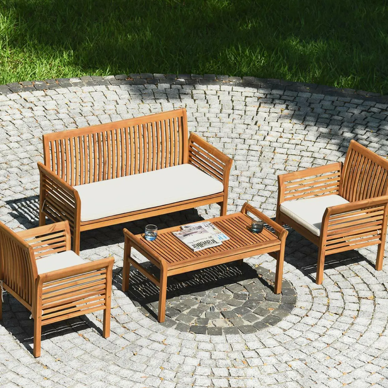 Tangkula 4 or 8 Piece Outdoor Acacia Wood Sofa Set, Padded Patio Conversation Table Chair Set