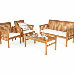 Tangkula 4 or 8 Piece Outdoor Acacia Wood Sofa Set, Padded Patio Conversation Table Chair Set