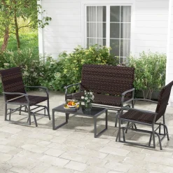 Tangkula 4 or 8 Pieces Patio Gliding Set, Wicker Swing Glider Furniture Set