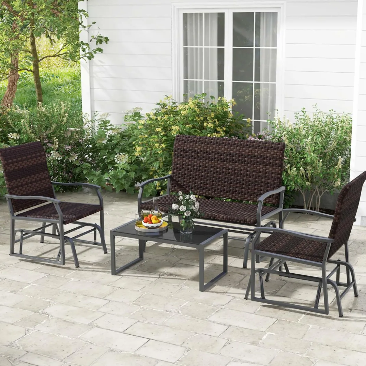 Tangkula 4 or 8 Pieces Patio Gliding Set, Wicker Swing Glider Furniture Set