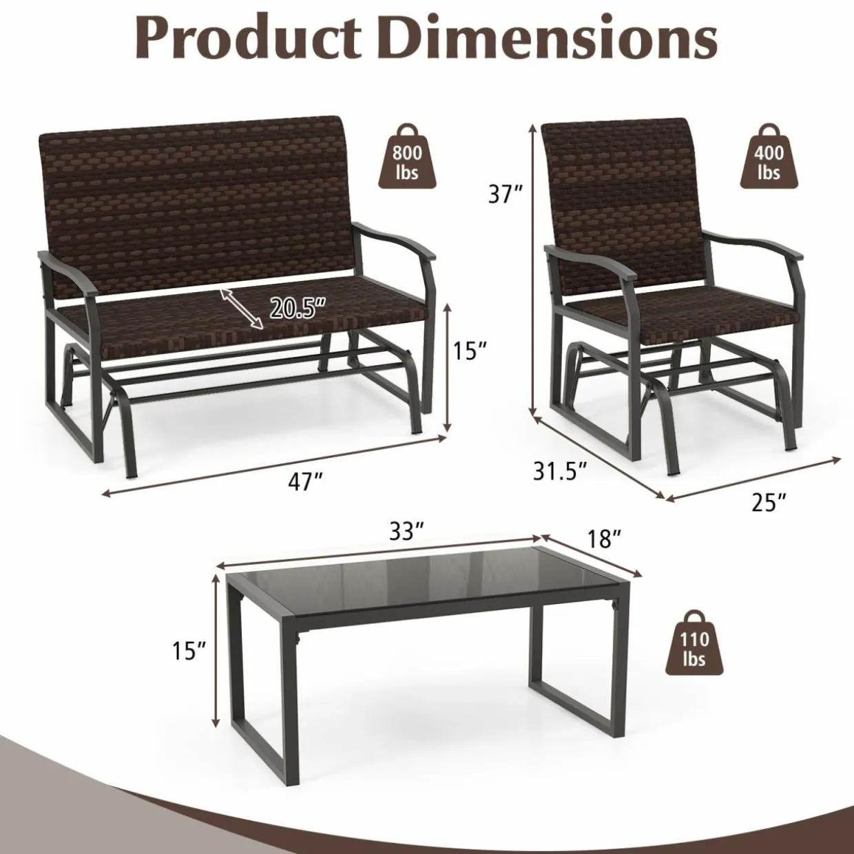 Tangkula 4 or 8 Pieces Patio Gliding Set, Wicker Swing Glider Furniture Set