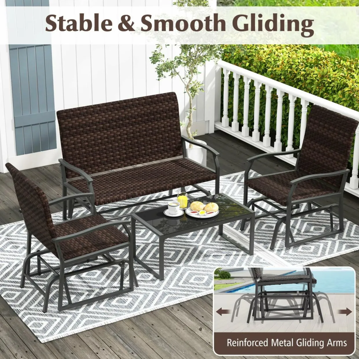 Tangkula 4 or 8 Pieces Patio Gliding Set, Wicker Swing Glider Furniture Set