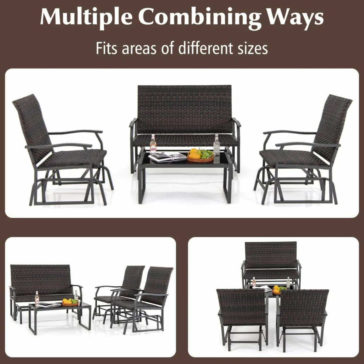 Tangkula 4 or 8 Pieces Patio Gliding Set, Wicker Swing Glider Furniture Set