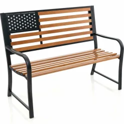 Tangkula 50” Outdoor Garden Bench, 2-Person Metal Patio Chair with Flag Pattern Backrest & Rustic Wood Grain Finish