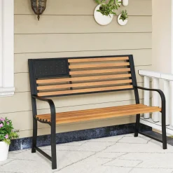 Tangkula 50” Outdoor Garden Bench, 2-Person Metal Patio Chair with Flag Pattern Backrest & Rustic Wood Grain Finish