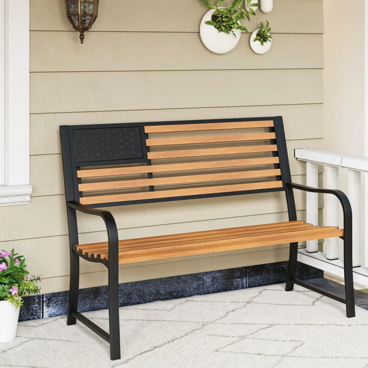 Tangkula 50” Outdoor Garden Bench, 2-Person Metal Patio Chair with Flag Pattern Backrest & Rustic Wood Grain Finish