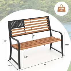 Tangkula 50” Outdoor Garden Bench, 2-Person Metal Patio Chair with Flag Pattern Backrest & Rustic Wood Grain Finish