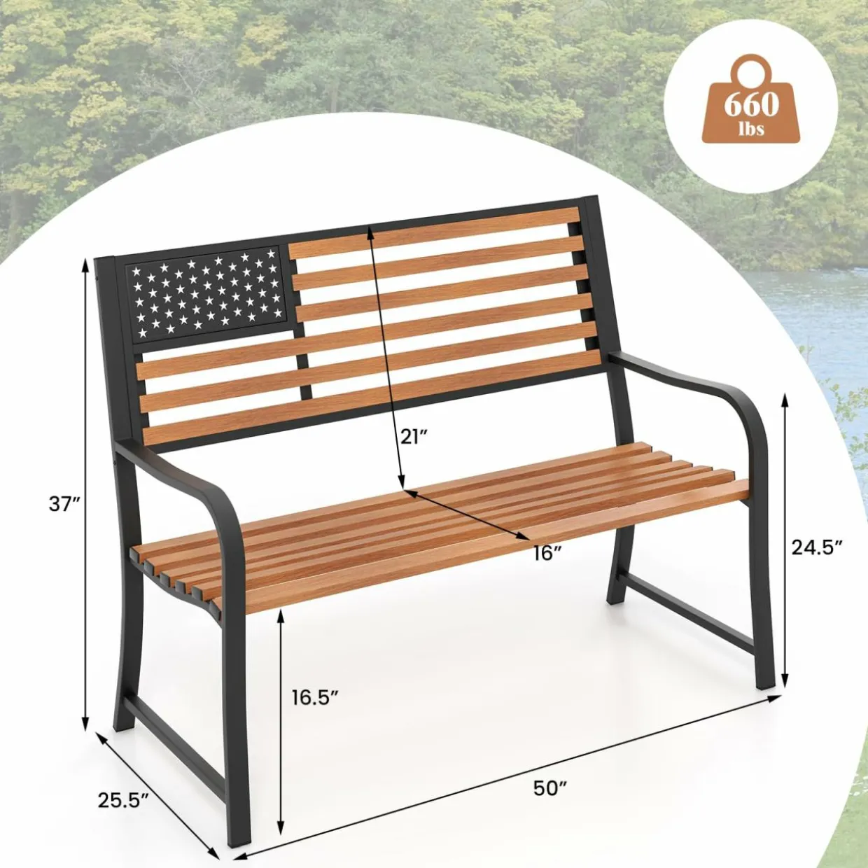 Tangkula 50” Outdoor Garden Bench, 2-Person Metal Patio Chair with Flag Pattern Backrest & Rustic Wood Grain Finish