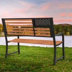 Tangkula 50” Outdoor Garden Bench, 2-Person Metal Patio Chair with Flag Pattern Backrest & Rustic Wood Grain Finish