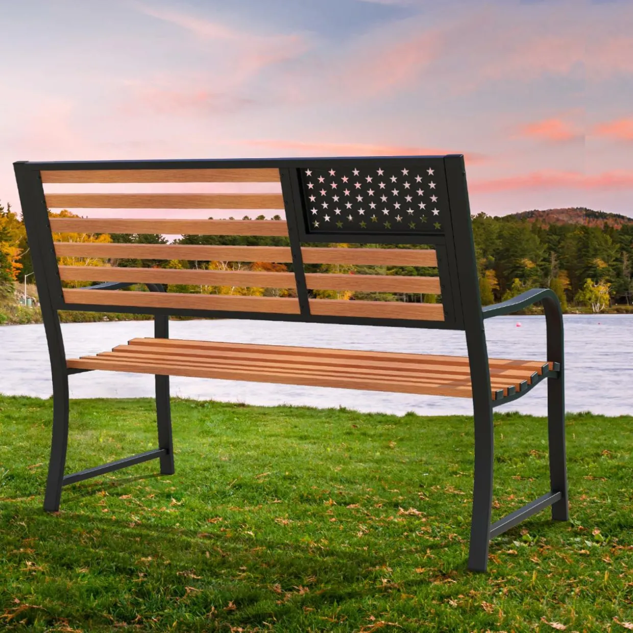 Tangkula 50” Outdoor Garden Bench, 2-Person Metal Patio Chair with Flag Pattern Backrest & Rustic Wood Grain Finish