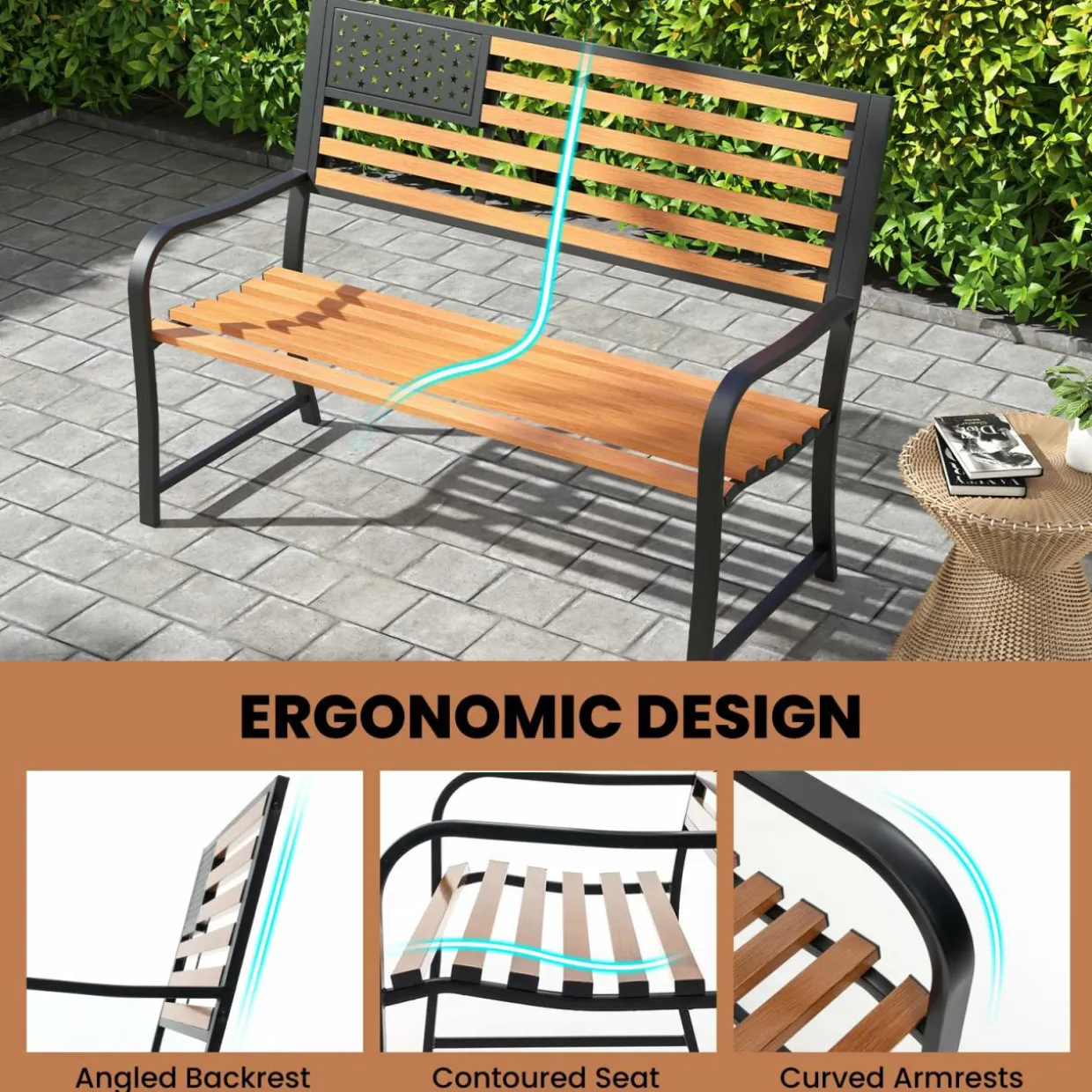 Tangkula 50” Outdoor Garden Bench, 2-Person Metal Patio Chair with Flag Pattern Backrest & Rustic Wood Grain Finish