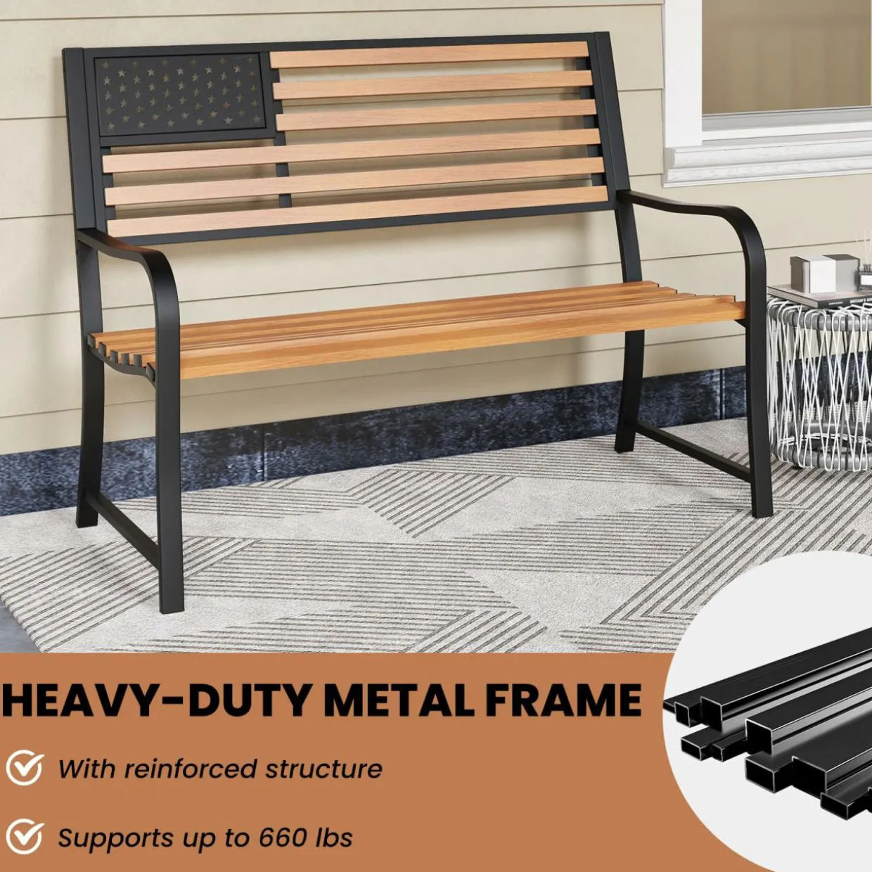 Tangkula 50” Outdoor Garden Bench, 2-Person Metal Patio Chair with Flag Pattern Backrest & Rustic Wood Grain Finish
