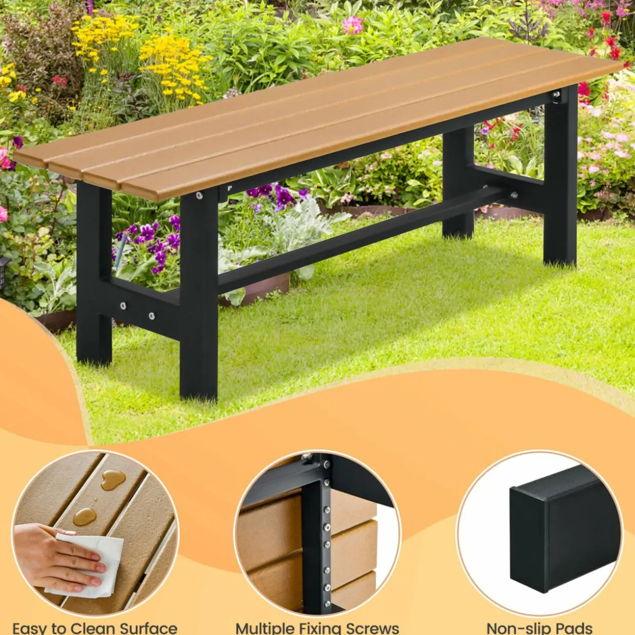 Tangkula 47" Outdoor Garden Bench, 2-Person Patio Park Bench with HDPE Slatted Seat & Metal Frame