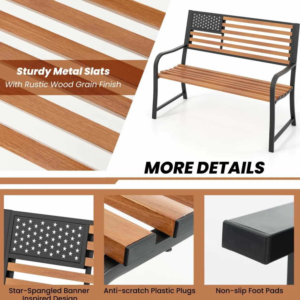 Tangkula 50” Outdoor Garden Bench, 2-Person Metal Patio Chair with Flag Pattern Backrest & Rustic Wood Grain Finish