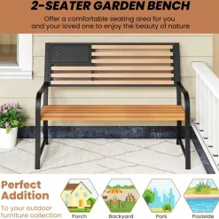 Tangkula 50” Outdoor Garden Bench, 2-Person Metal Patio Chair with Flag Pattern Backrest & Rustic Wood Grain Finish
