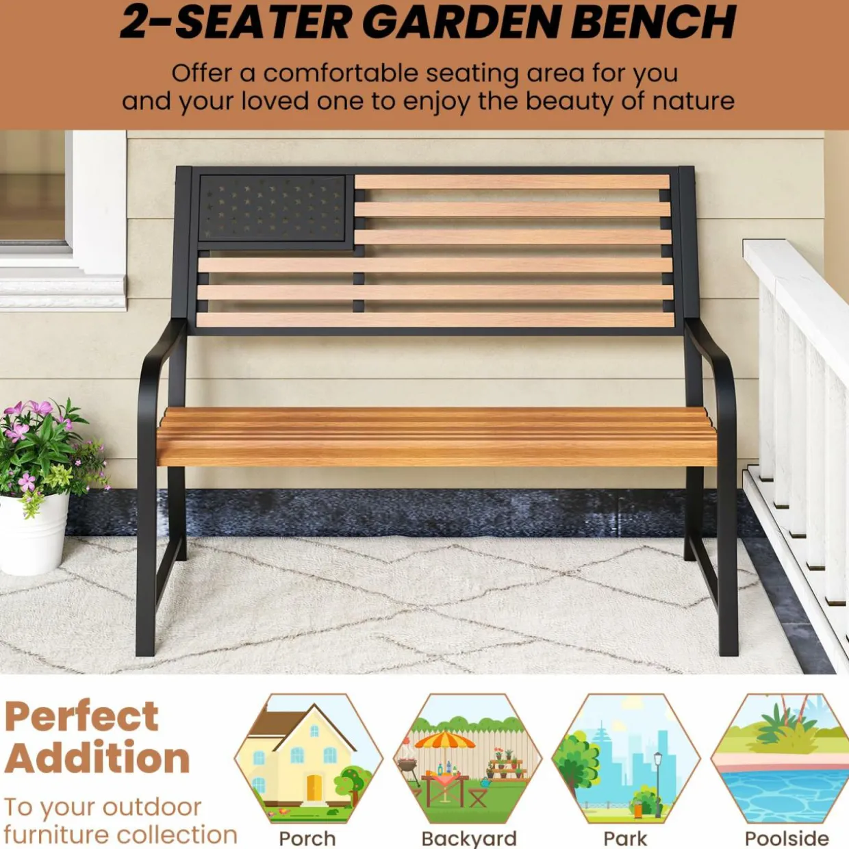 Tangkula 50” Outdoor Garden Bench, 2-Person Metal Patio Chair with Flag Pattern Backrest & Rustic Wood Grain Finish
