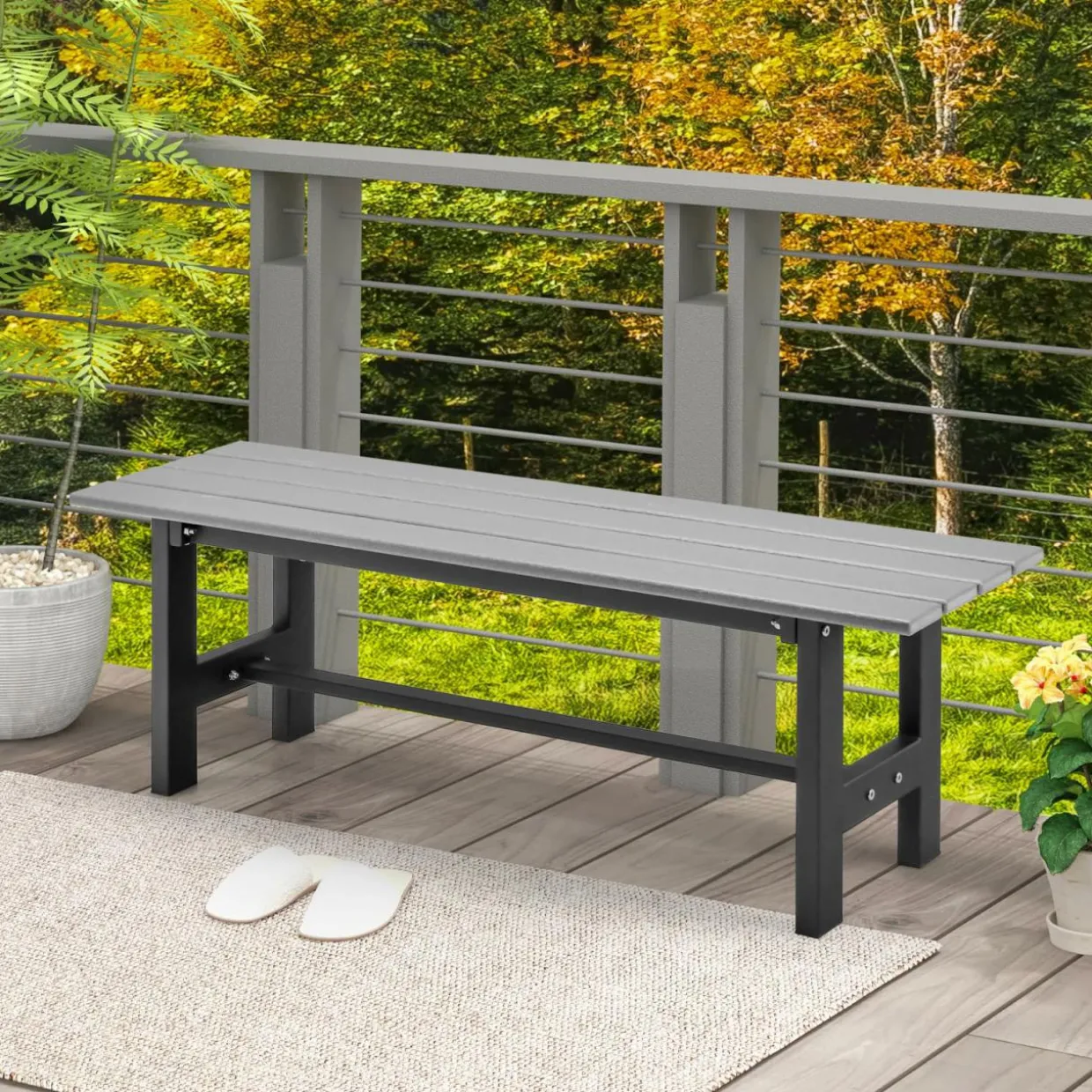 Tangkula 47" Outdoor Garden Bench, 2-Person Patio Park Bench with HDPE Slatted Seat & Metal Frame
