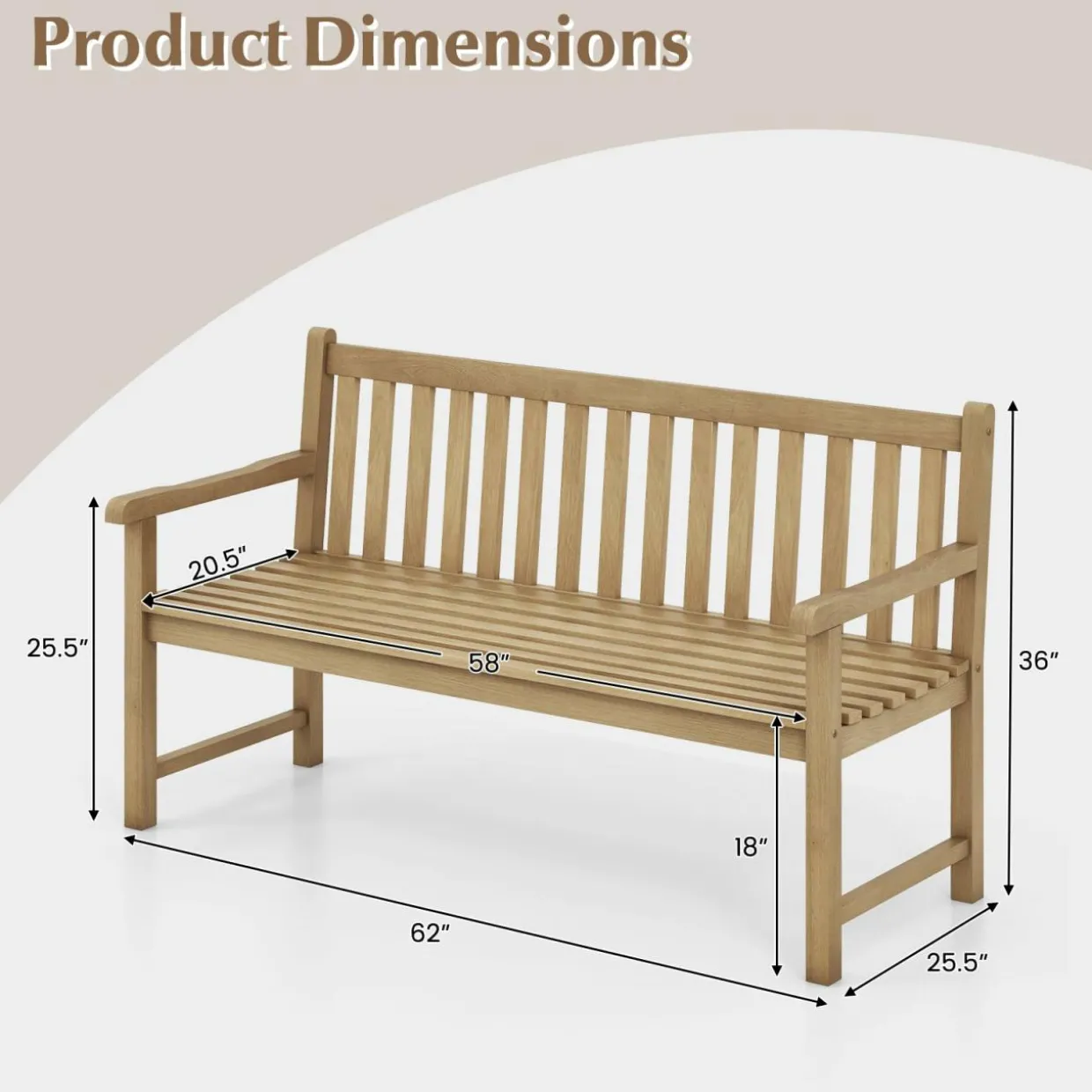 Tangkula 62" Outdoor Teak Wood Bench, 3-Person Garden Patio Bench with Backrest