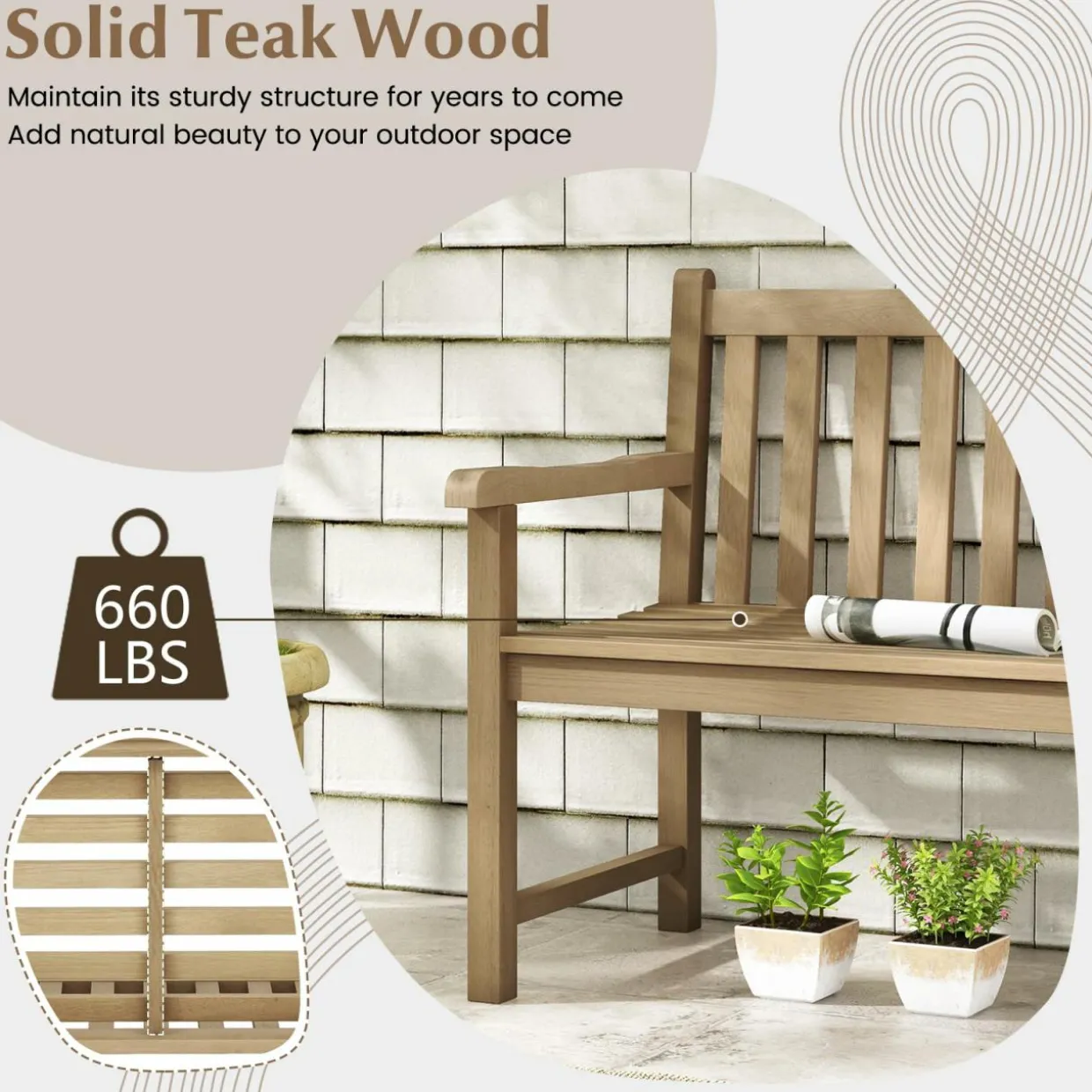 Tangkula 62" Outdoor Teak Wood Bench, 3-Person Garden Patio Bench with Backrest